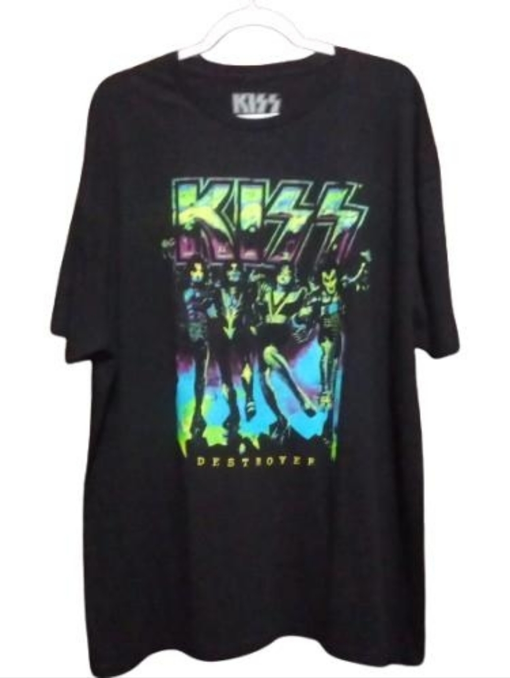 Kiss Black Tee with Neon Green, Yellow & Blue Graphic